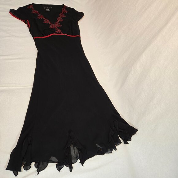 CDC Whimsigoth Y2K Black Mesh Sheer Red Lace Babydoll Asymmetrical Dress Size 4. - Picture 5 of 14